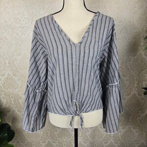 Anthropologie Lavender Field Sz Large Gray White Striped Blouse Bell Sleeves